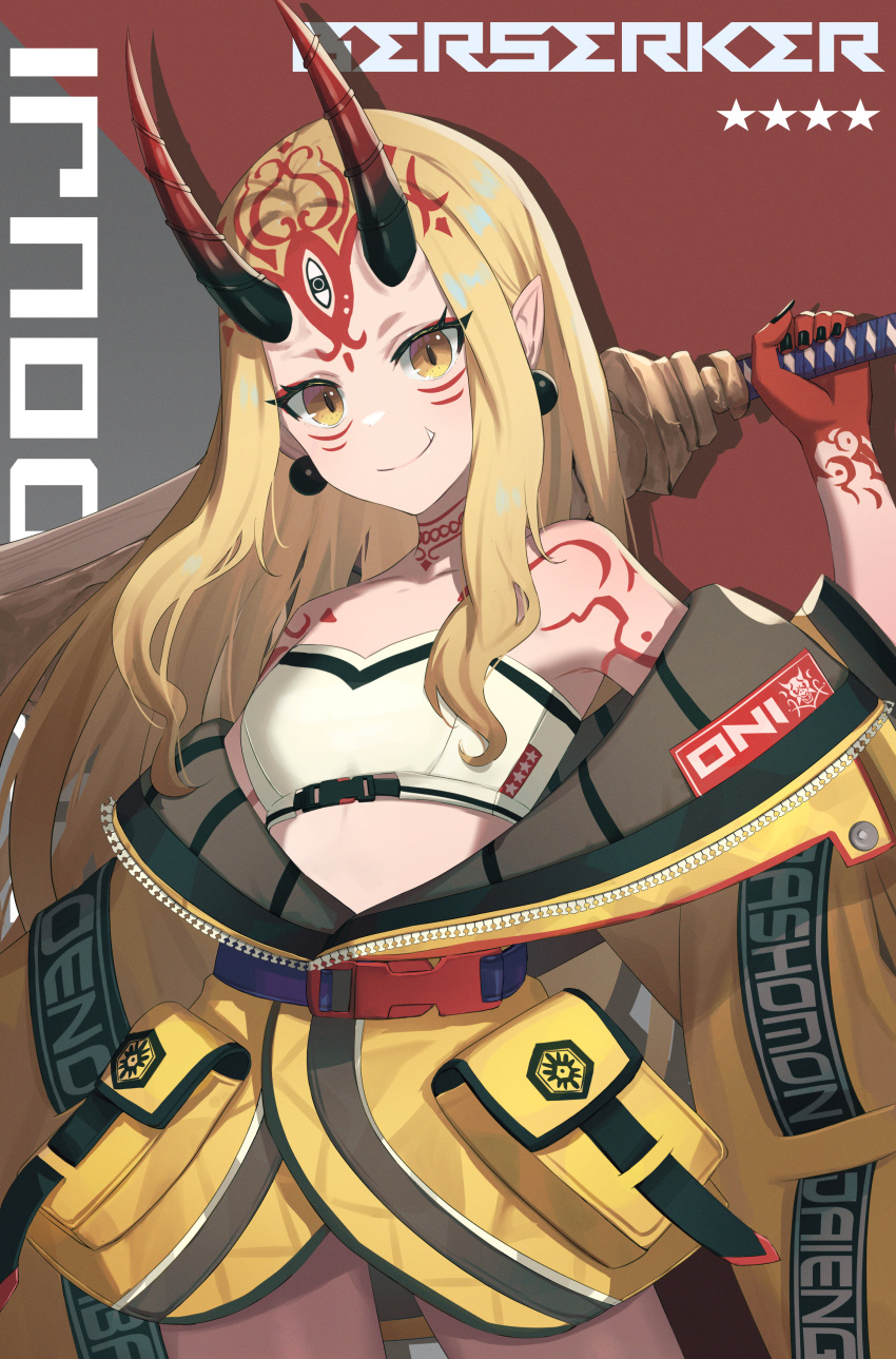 1girl absurdres adapted_costume bandeau black_nails blonde_hair character_name dolce_(dolsuke) earrings facial_mark fang fang_out fate/grand_order fate_(series) fingernails forehead_mark highres horns ibaraki_douji_(fate) jacket jewelry long_hair oni oni_horns pointy_ears sharp_fingernails sidelocks smile solo star_(symbol) yellow_eyes yellow_jacket