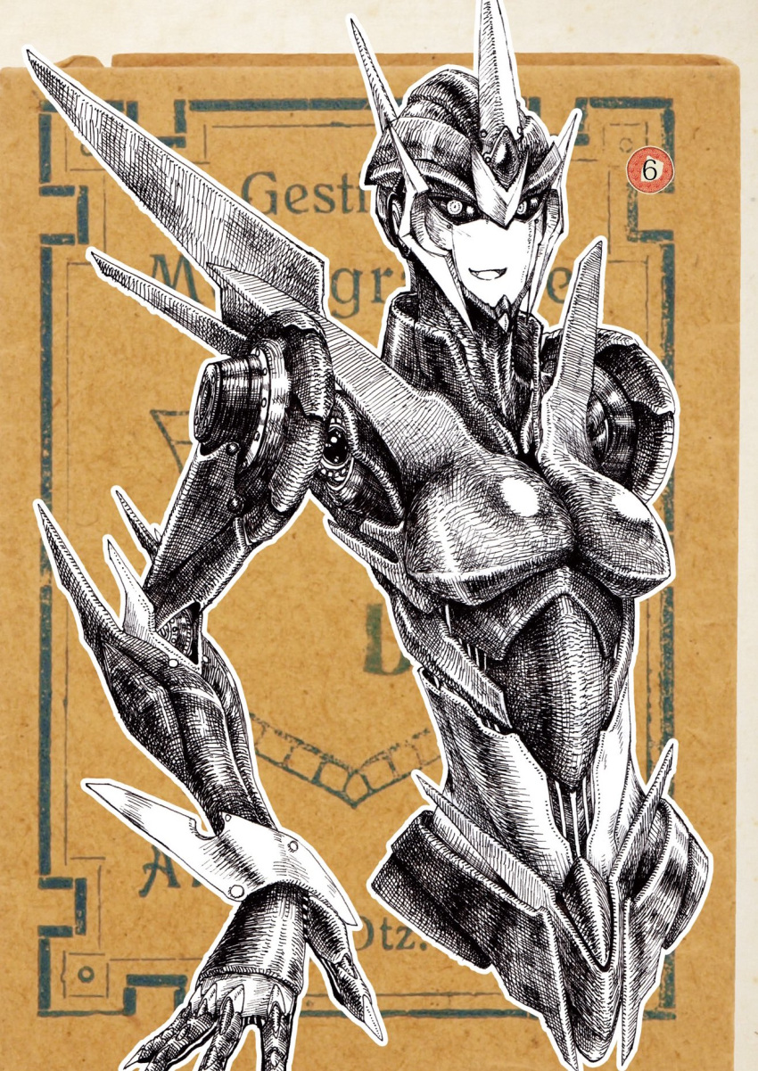 1girl arcee autobot black_sclera blue_armor colored_sclera greyscale highres horns humanoid_robot joints jpeg_artifacts looking_at_viewer mecha mechanical_arms mechanical_horns mechanical_parts monochrome no_humans open_hand robot_joints shion_humine transformers transformers_prime