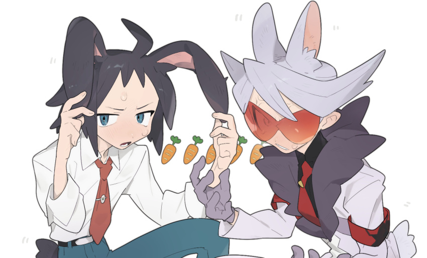 2boys ahoge animal_ears armband bangs belt belt_buckle black_belt black_hair black_shirt blue_eyes buckle carrot cheren_(pokemon) coat collared_shirt commentary_request fur-trimmed_coat fur_trim green_pants lear_(pokemon) long_sleeves lower_teeth male_focus mimura_(nnnnnnnnmoo) multiple_boys necktie open_mouth orange_necktie pants parted_lips pokemon pokemon_(game) pokemon_bw pokemon_masters_ex rabbit_ears red_necktie shirt short_hair sleeves_rolled_up spiky_hair sunglasses sweat teeth tie_clip white_background white_coat white_shirt