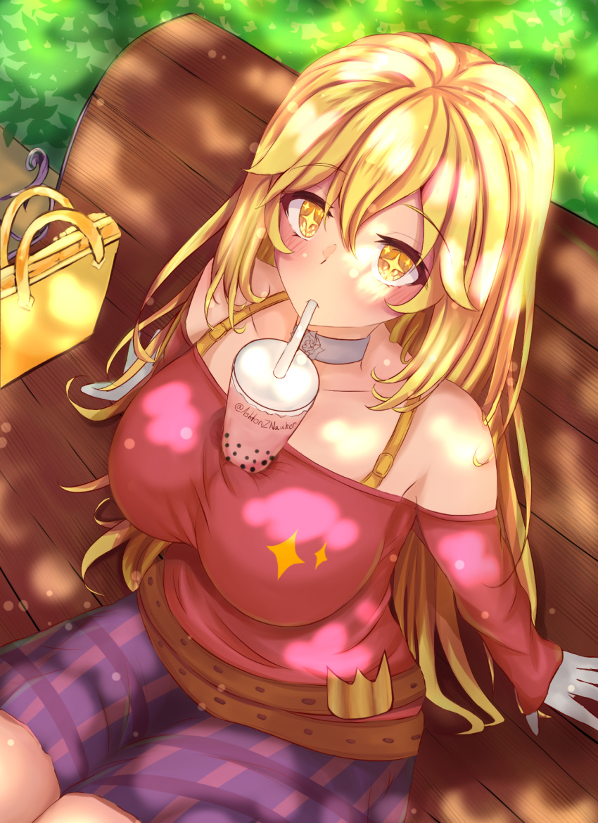 1girl alternate_costume bag bangs belt blonde_hair blush breasts bubble_tea_challenge casual choker collarbone cup dappled_sunlight disposable_cup drinking_straw drinking_straw_in_mouth eyebrows_visible_through_hair from_above gloves hair_between_eyes handbag highres large_breasts long_hair looking_at_viewer looking_up object_on_breast off-shoulder_sweater off_shoulder on_bench outdoors pink_sweater plaid plaid_skirt purple_skirt shokuhou_misaki sitting skirt solo star-shaped_pupils star_(symbol) star_print sunlight sweater symbol-shaped_pupils toaru_kagaku_no_mental_out toaru_kagaku_no_railgun toaru_majutsu_no_index white_choker white_gloves yellow_eyes zai-senpai