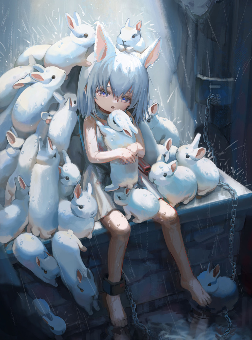 1girl animal_ears animal_hug bag barefoot cat_ears cat_girl chain child cold collar cuffs dress feet grey_eyes highres hug kanola looking_at_viewer open_mouth original outdoors puddle rabbit rain short_dress short_hair sitting sleeveless sleeveless_dress tears toes water wet white_dress white_hair