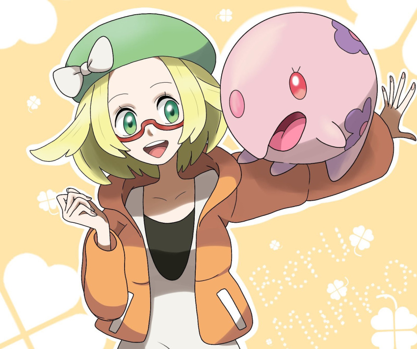 1girl :d aria_pkmn beret bianca_(pokemon) blonde_hair bow collarbone commentary_request glasses green_eyes green_headwear hat hat_bow heart highres hood hooded_jacket jacket long_sleeves munna open_clothes open_jacket open_mouth orange_jacket outline outstretched_arm pokemon pokemon_(creature) pokemon_(game) pokemon_bw2 pokemon_on_arm red-framed_eyewear semi-rimless_eyewear shirt short_hair smile teeth tongue upper_teeth white_bow white_shirt