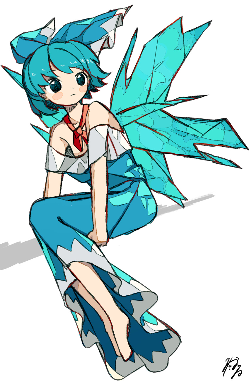 1girl absurdres adapted_costume barefoot blue_bow blue_dress blue_eyes blue_hair bow cirno closed_mouth collarbone dress full_body hair_bow highres ice ice_wings long_dress looking_away neck_ribbon neruzou off_shoulder red_ribbon ribbon short_hair signature sitting solo touhou white_background wings
