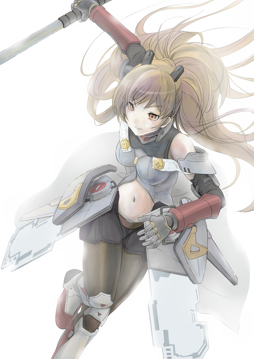 1girl absurdres black_bow black_legwear bow brown_hair final_gear floating_hair hair_behind_ear highres holding holding_weapon margaret_(final_gear) mechanical_arms navel pantyhose ponytail red_footwear solo supitaso. v-shaped_eyebrows weapon white_background