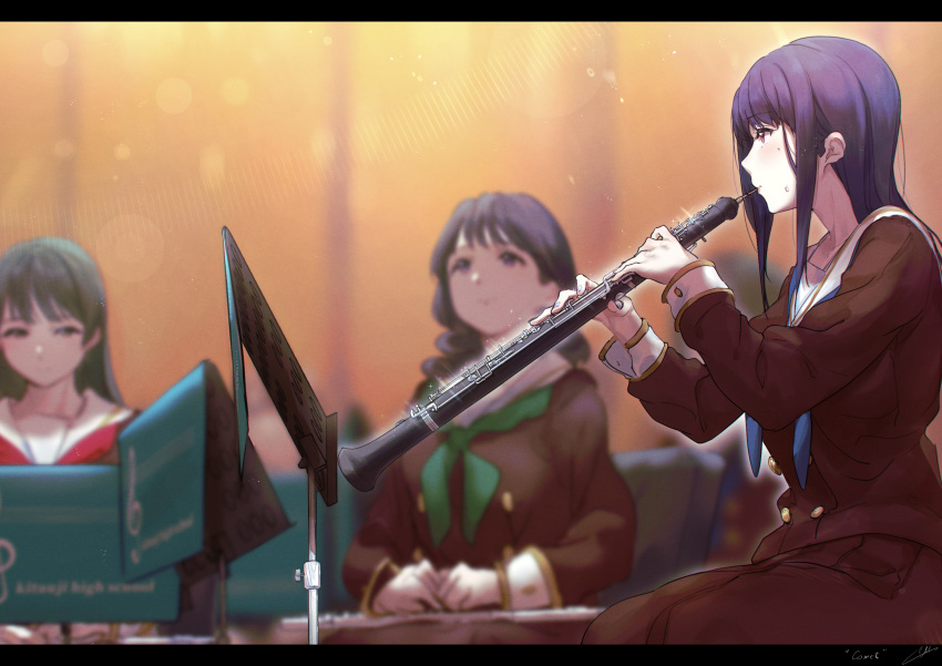 3girls absurdres black_hair blue_neckerchief brown_serafuku brown_skirt green_neckerchief hibike!_euphonium highres holding holding_instrument instrument kitauji_high_school_uniform kuziaaizuk letterboxed long_hair long_sleeves multiple_girls music neckerchief oboe playing_instrument red_neckerchief sailor_collar school_uniform serafuku skirt sweat violet_eyes white_sailor_collar yoroizuka_mizore