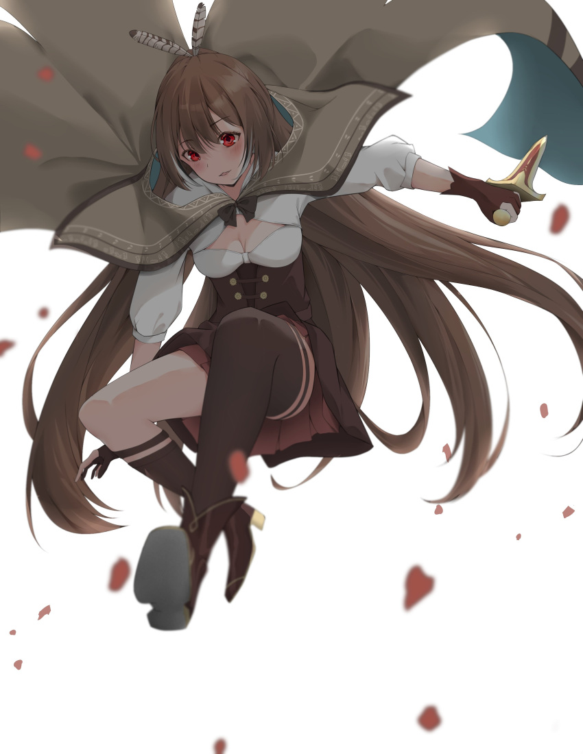 1girl absurdres airenif asymmetrical_legwear blurry blush boots brown_capelet brown_cloak brown_corset brown_hair cape capelet cleavage_cutout cloak clothing_cutout corset dagger depth_of_field feather_hair_ornament feathers gloves hair_ornament hieroglyphics highres hololive hololive_english jumping knee_strap kneehighs knife long_hair multicolored_hair nanashi_mumei parted_lips partially_fingerless_gloves petals ponytail red_eyes ribbon rose_petals shirt single_kneehigh single_thighhigh solo streaked_hair thigh-highs thigh_strap very_long_hair virtual_youtuber weapon white_background white_shirt