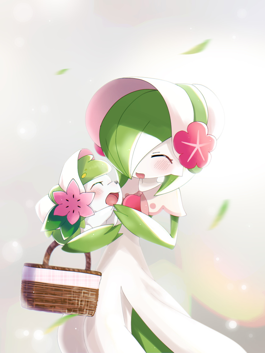 1girl ^_^ absurdres bangs basket blush bob_cut bonnet capelet closed_eyes commentary_request flower gardevoir green_hair grey_background hair_over_one_eye happy hat hat_flower highres holding holding_basket holding_pokemon irono_(1rono_1121) leaves_in_wind one_eye_covered open_mouth picnic_basket pink_capelet pink_flower pink_headwear pink_trim pokemon pokemon_(creature) pokemon_(game) pokemon_unite shaymin shaymin_(land) short_hair simple_background smile standing