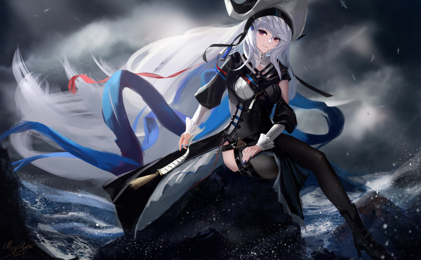 arknights asymmetrical_clothes bangs black_dress black_headwear black_legwear blue_nails breasts closed_mouth clouds cloudy_sky covered_navel day dress eyebrows_visible_through_hair floating_hair frilled_dress frills grey_hair highres long_hair long_sleeves looking_at_viewer medium_breasts meginalter nail_polish ocean outdoors pelvic_curtain puffy_long_sleeves puffy_sleeves red_eyes rock shoulder_strap sitting sky smile specter_(arknights) specter_the_unchained_(arknights) tassel thigh-highs very_long_hair water wind