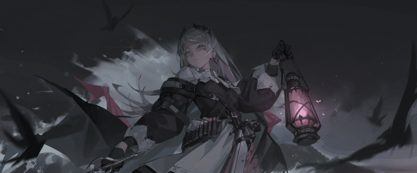 1girl absurdres alov arknights belt black_gloves black_jacket commentary_request cowboy_shot earrings gloves grey_eyes grey_hair head_wings highres holding holding_lantern holding_sword holding_weapon irene_(arknights) jacket jewelry lantern long_hair long_sleeves looking_afar looking_away night night_sky outdoors parted_lips puffy_long_sleeves puffy_sleeves scar scar_across_eye scar_on_face skirt sky solo sword very_long_hair water weapon white_skirt
