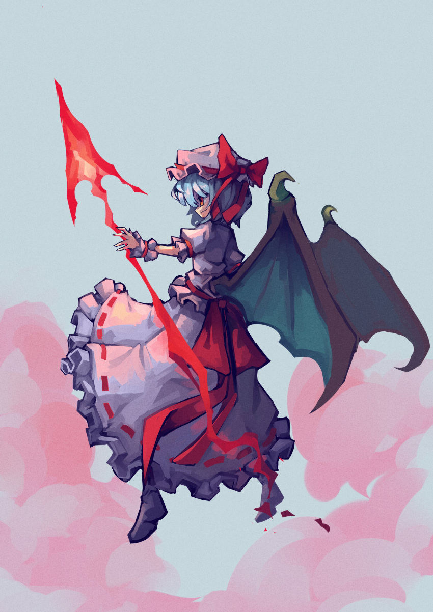 1girl absurdres black_wings blue_hair boots bow commentary demon_wings english_commentary from_side full_body hat hat_bow highres kawuyuckie mob_cap orange_eyes puffy_short_sleeves puffy_sleeves red_bow remilia_scarlet ribbon-trimmed_skirt ribbon_trim shirt short_hair short_sleeves skirt smile solo spear_the_gungnir touhou waist_bow white_footwear white_headwear white_shirt white_skirt wings wrist_cuffs