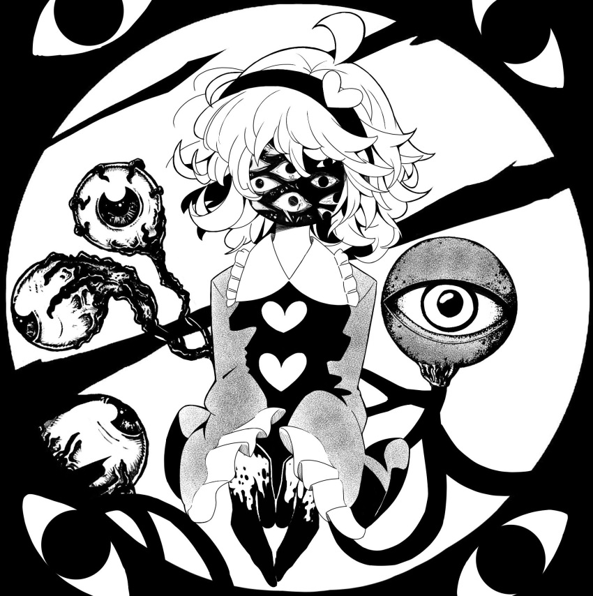 1341398tkrtr 1girl ahoge blood blood_on_hands blouse body_horror buttons collar commentary eyeball frilled_collar frilled_sleeves frills greyscale headband heart_button highres horror_(theme) komeiji_satori long_sleeves looking_at_viewer messy_hair monochrome shirt solo third_eye touhou wide_sleeves