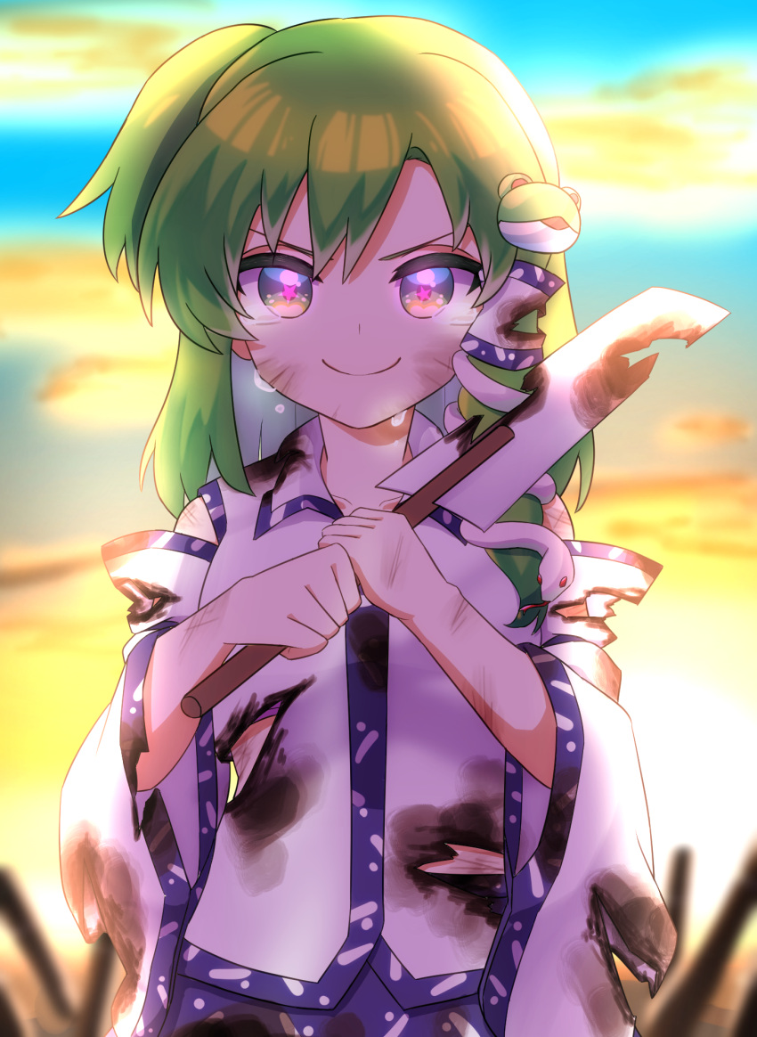 1girl blue_skirt breasts burnt_clothes closed_mouth collared_vest commentary_request crying crying_with_eyes_open detached_sleeves dirty dirty_face frog_hair_ornament gohei green_eyes green_hair hair_ornament hair_tubes highres holding kochiya_sanae long_hair long_sleeves looking_at_viewer medium_breasts min1223 oonusa outdoors patterned_clothing skirt smile snake_hair_ornament solo star-shaped_pupils star_(symbol) sunset symbol-shaped_pupils tears torn_clothes touhou upper_body vest white_sleeves white_vest