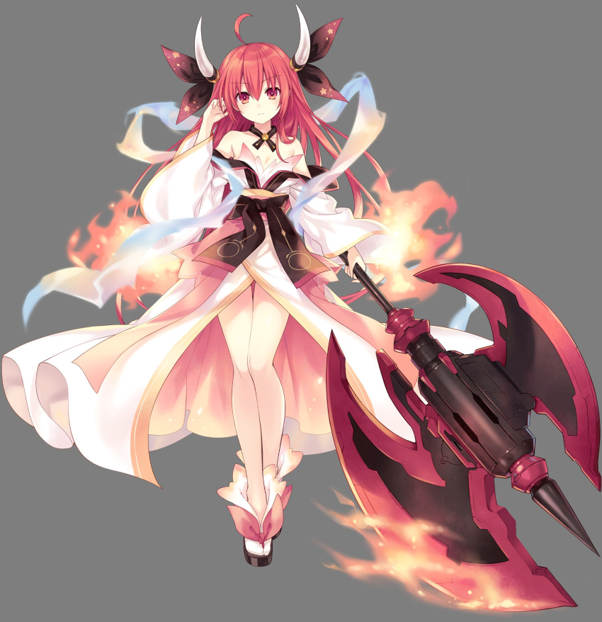 absurdres axe bow breasts date_a_live fantasia_re:build fire hair_ornament highres horns itsuka_kotori japanese_clothes kimono non-web_source red_eyes redhead sandals small_breasts socks thigh_gap tsunako