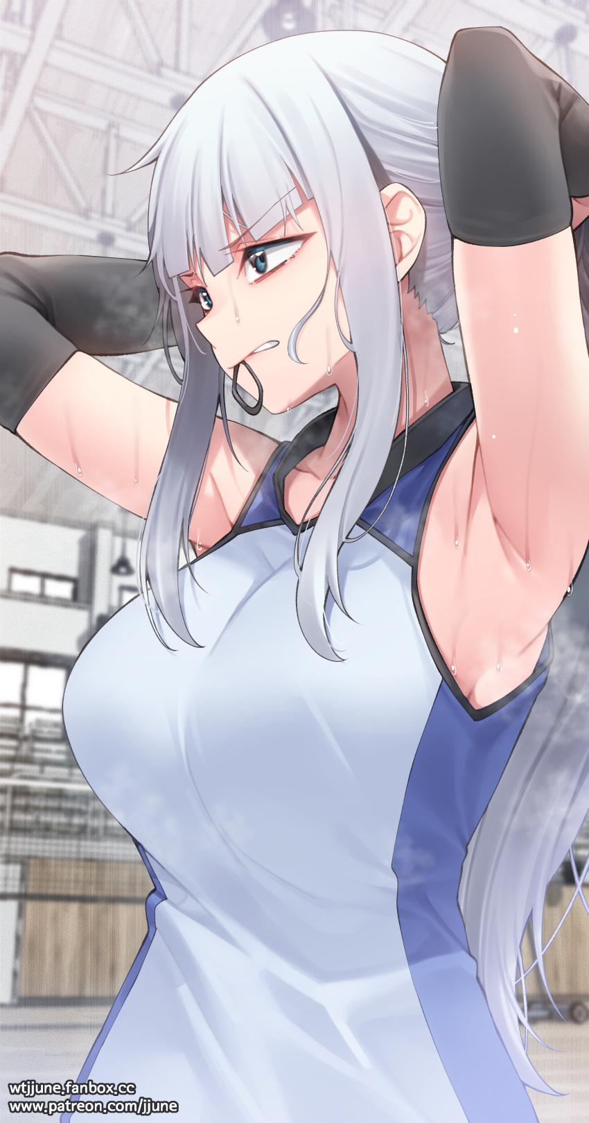 1girl absurdres adjusting_hair armpits arms_behind_head arms_up bangs blue_eyes blunt_bangs breasts collarbone commentary detached_sleeves eyebrows_visible_through_hair gym_uniform hair_tie_in_mouth highres hime_cut jjune large_breasts long_hair long_sleeves looking_away mouth_hold original shirt sidelocks sleeveless sleeveless_shirt solo sportswear steaming_body sweat symbol-only_commentary tying_hair upper_body v-shaped_eyebrows vambraces volleyball_net volleyball_uniform white_shirt