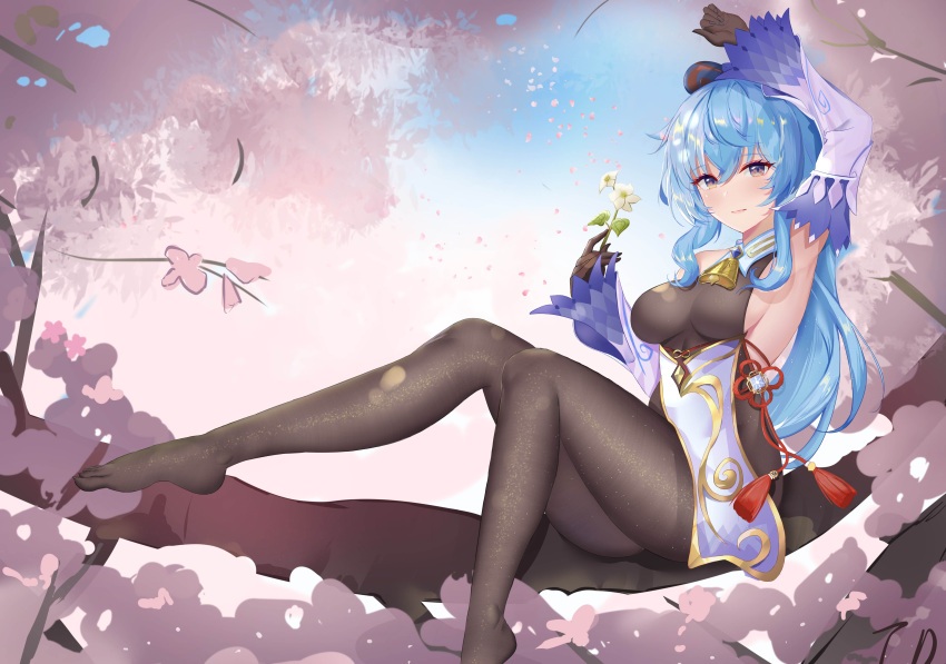 1girl absurdres arm_up armpits bangs bare_shoulders bell black_gloves black_legwear blue_hair blush breasts chinese_knot detached_sleeves flower flower_knot ganyu_(genshin_impact) genshin_impact gloves gold_trim highres holding holding_flower horns in_tree legs light_smile long_hair looking_at_viewer medium_breasts nanoda002_(saber427) neck_bell no_shoes pantyhose pink_flower qingxin_flower red_rope rope sideboob sidelocks sitting sitting_in_tree soles solo tassel thighs tree violet_eyes vision_(genshin_impact) white_flower white_sleeves