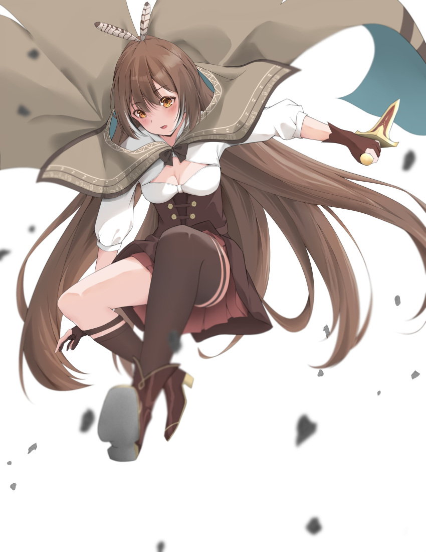 1girl absurdres airenif asymmetrical_legwear blurry blush boots brown_capelet brown_cloak brown_corset brown_eyes brown_hair cape capelet cleavage_cutout cloak clothing_cutout corset dagger debris depth_of_field feather_hair_ornament feathers gloves hair_ornament hieroglyphics highres hololive hololive_english jumping knee_strap kneehighs knife long_hair multicolored_hair nanashi_mumei partially_fingerless_gloves ponytail ribbon shirt single_kneehigh single_thighhigh solo streaked_hair thigh-highs thigh_strap very_long_hair virtual_youtuber weapon white_background white_shirt