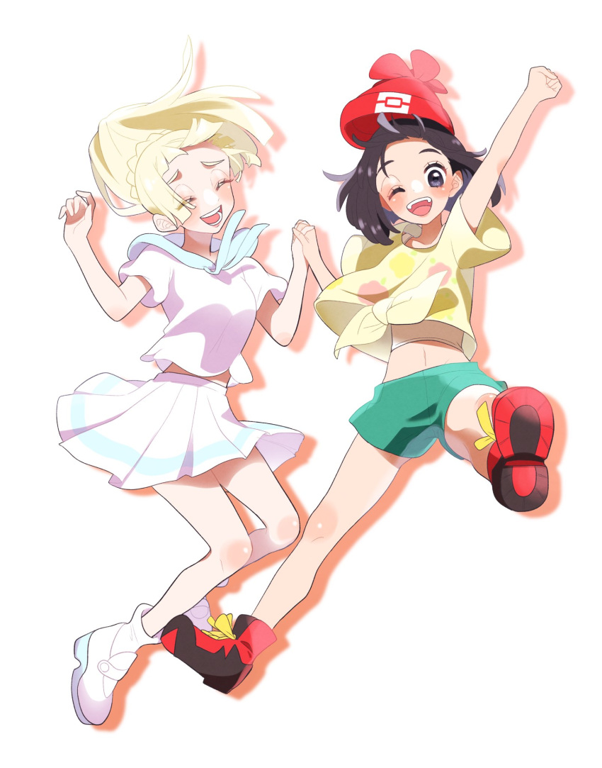 2girls :d ;d aria_pkmn bare_legs beanie blonde_hair blush braid floral_print french_braid green_shorts happy hat high_ponytail highres holding_hands knees lillie_(pokemon) long_hair looking_at_viewer miniskirt multiple_girls one_eye_closed open_mouth pleated_skirt pokemon pokemon_(game) pokemon_sm red_headwear selene_(pokemon) shirt shoe_soles shoes short_shorts short_sleeves shorts skirt smile sneakers socks t-shirt teeth tied_shirt tongue upper_teeth white_footwear white_shirt white_skirt