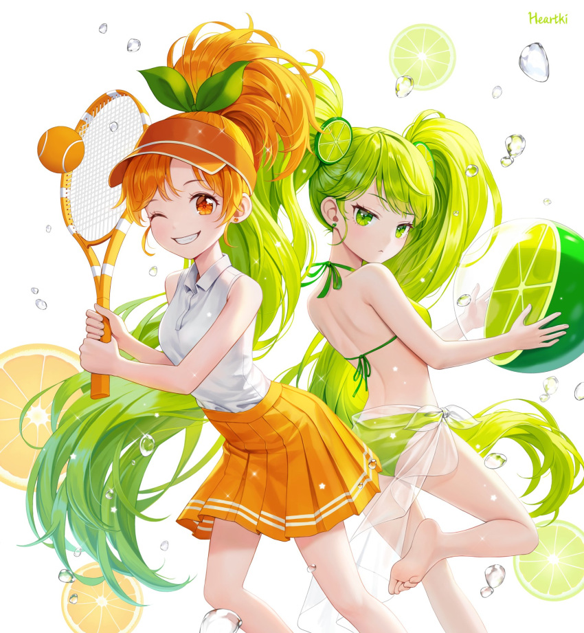 2girls :&lt; artist_name ball bangs bare_legs barefoot beachball bikini closed_mouth collared_shirt cookie_run food-themed_hair_ornament green_eyes green_hair grin hair_ornament heartki high_ponytail highres leaf_hair_ornament lime_cookie lime_hair_ornament long_hair looking_at_viewer multiple_girls narrowed_eyes one_eye_closed orange_cookie orange_eyes orange_hair pleated_skirt racket sarong see-through_sarong shirt skirt sleeveless sleeveless_shirt smile sportswear string_bikini swimsuit tennis_ball tennis_racket tennis_uniform twintails v-shaped_eyebrows very_long_hair visor_cap water_drop