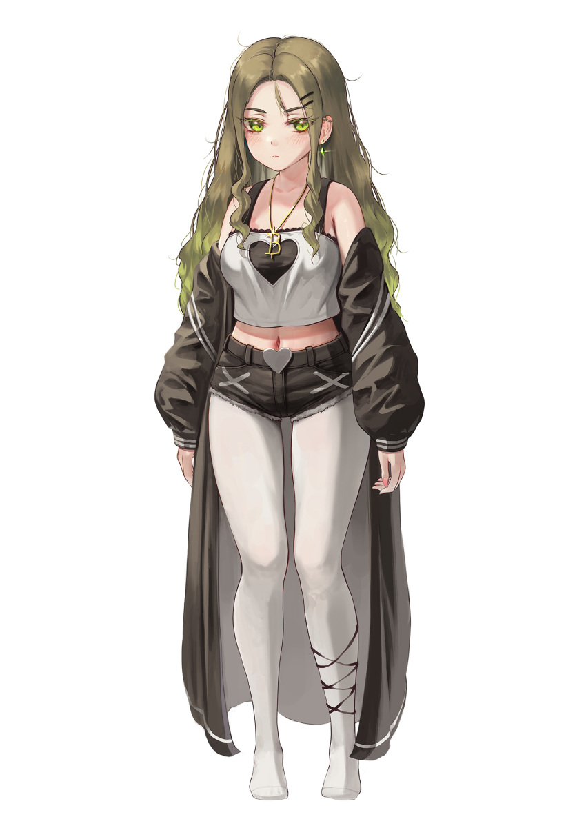 1girl black_coat black_shorts blush breasts closed_mouth coat crop_top green_eyes green_hair hair_ornament hairclip highres indoors iruka_blue_(torriet) jewelry large_breasts long_hair long_sleeves looking_at_viewer navel necklace no_shoes off_shoulder open_clothes open_coat original pantyhose puffy_long_sleeves puffy_sleeves shirt short_shorts shorts solo swimsuit thighs torriet very_long_hair white_legwear white_shirt