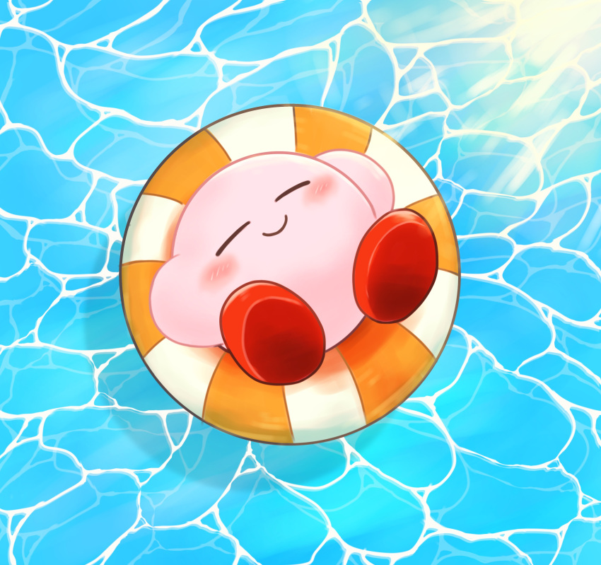 1boy afloat blue_background blush closed_eyes closed_mouth commentary_request cute day from_above full_body hal_laboratory_inc. happy highres innertube kirby kirby_(series) light_rays lying miwa_(ahyuck) nintendo no_humans on_back outdoors pink_puff_ball smile solo sunlight water