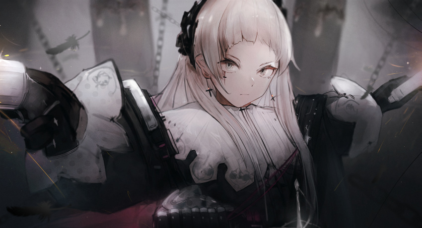 1girl absurdres arknights black_gloves black_jacket chain closed_mouth dual_wielding earrings feathers glaucius gloves grey_eyes grey_hair gun head_wings highres holding holding_gun holding_weapon irene_(arknights) jacket jewelry long_hair long_sleeves looking_at_viewer puffy_long_sleeves puffy_sleeves scar scar_across_eye scar_on_face serious solo trigger_discipline upper_body v-shaped_eyebrows weapon
