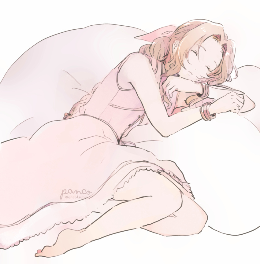 1girl aerith_gainsborough ancotsubu bangs bare_shoulders barefoot bracelet braid braided_ponytail brown_hair buttons closed_eyes dress final_fantasy final_fantasy_vii final_fantasy_vii_remake full_body hair_ribbon highres jacket jacket_removed jewelry long_dress parted_bangs pink_dress ribbon sidelocks sleeping solo wavy_hair white_background