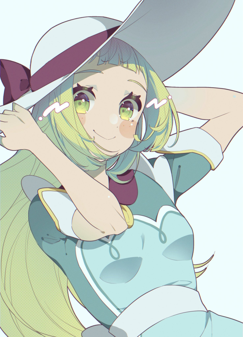 1girl bangs blonde_hair blush_stickers breasts closed_mouth commentary_request dress eyelashes green_dress green_eyes hands_on_headwear hat hat_ribbon highres lillie_(pokemon) long_hair looking_at_viewer mo_(smileomoti) official_alternate_costume pokemon pokemon_(game) pokemon_masters_ex purple_ribbon ribbon short_sleeves smile solo upper_body white_headwear