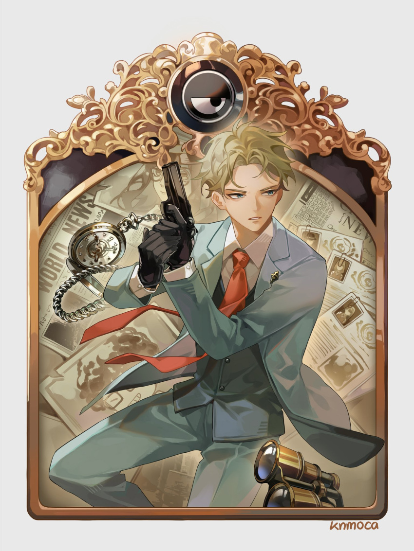 1boy binoculars black_gloves blonde_hair blue_eyes buttons collared_shirt commentary_request formal gloves green_jacket green_vest gun handgun hayashikana highres holding holding_gun holding_weapon jacket long_sleeves looking_at_viewer looking_to_the_side male_focus necktie newspaper pistol red_necktie shadow shirt short_hair solo spy_x_family stopwatch suit suit_jacket twilight_(spy_x_family) undercut very_short_hair vest waistcoat weapon wing_collar