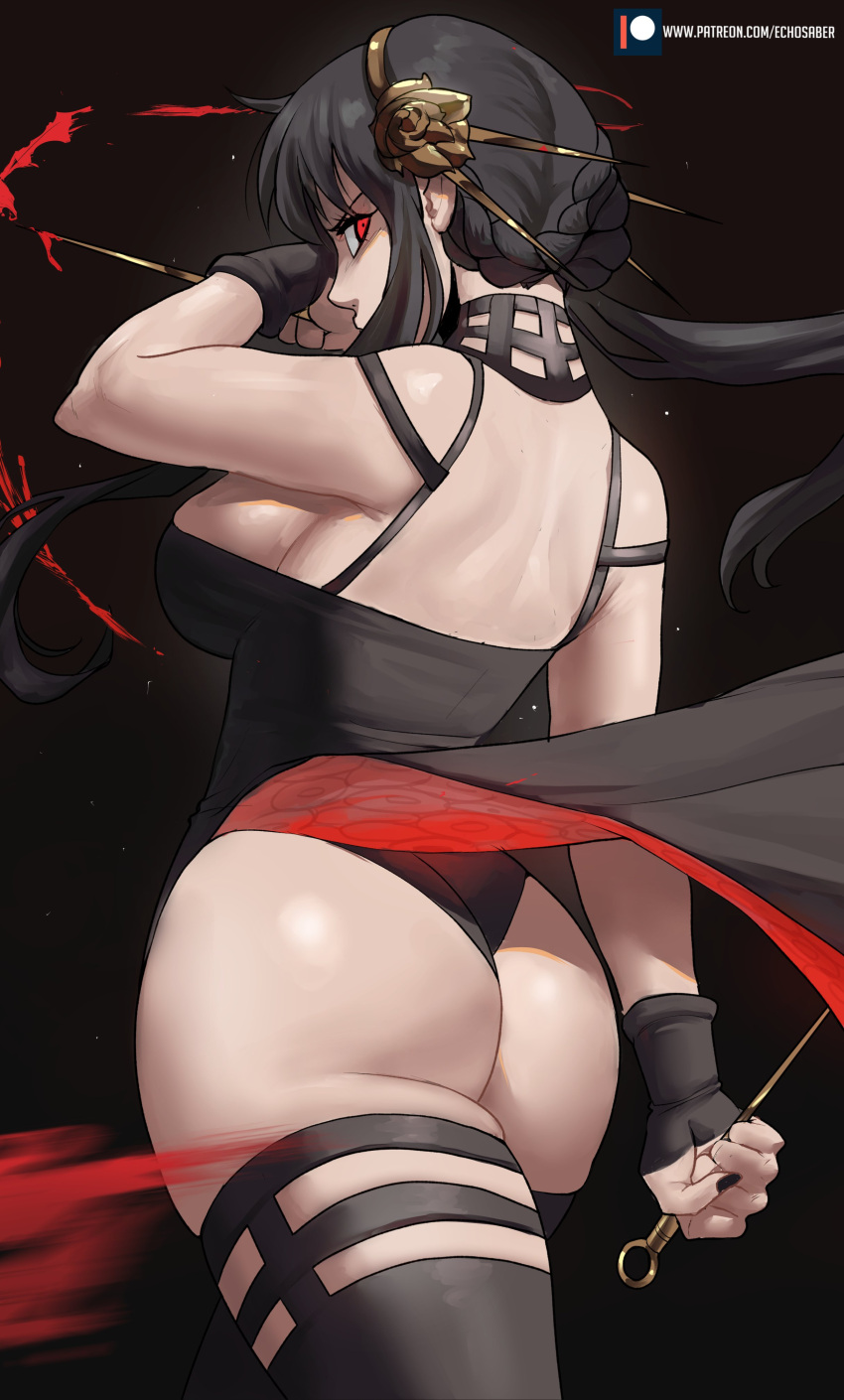 1girl absurdres ass back bare_shoulders black_background black_dress black_hair black_legwear black_leotard blood blood_on_weapon breasts dagger dress earrings echo_saber from_behind gold_earrings gold_hairband great_pyrenees highres holding holding_dagger holding_weapon jewelry knife large_breasts leotard looking_to_the_side red_eyes rose_hair_ornament short_hair_with_long_locks sideboob spy_x_family thigh-highs weapon yor_briar