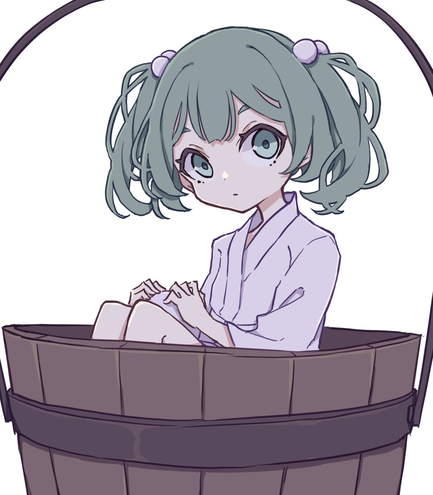1girl bucket expressionless eyebrows_behind_hair hair_bobbles hair_ornament highres in_container japanese_clothes kame_(kamepan44231) kimono kisume knees_up looking_at_viewer simple_background sitting solo touhou twintails white_background wooden_bucket