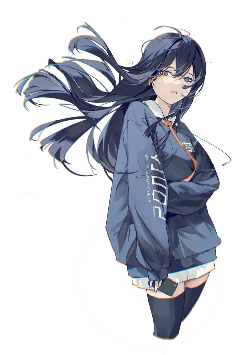 1girl baggy_clothes bangs black_hair black_legwear blue_eyes blue_hoodie cellphone collared_shirt commentary_request cowboy_shot cropped_legs hair_between_eyes highres holding holding_phone hood hoodie jadedata long_hair long_sleeves looking_at_viewer looking_to_the_side original parted_lips phone pleated_skirt shirt simple_background skirt sleeves_past_wrists smartphone solo standing strap thigh-highs white_background white_shirt white_skirt zettai_ryouiki