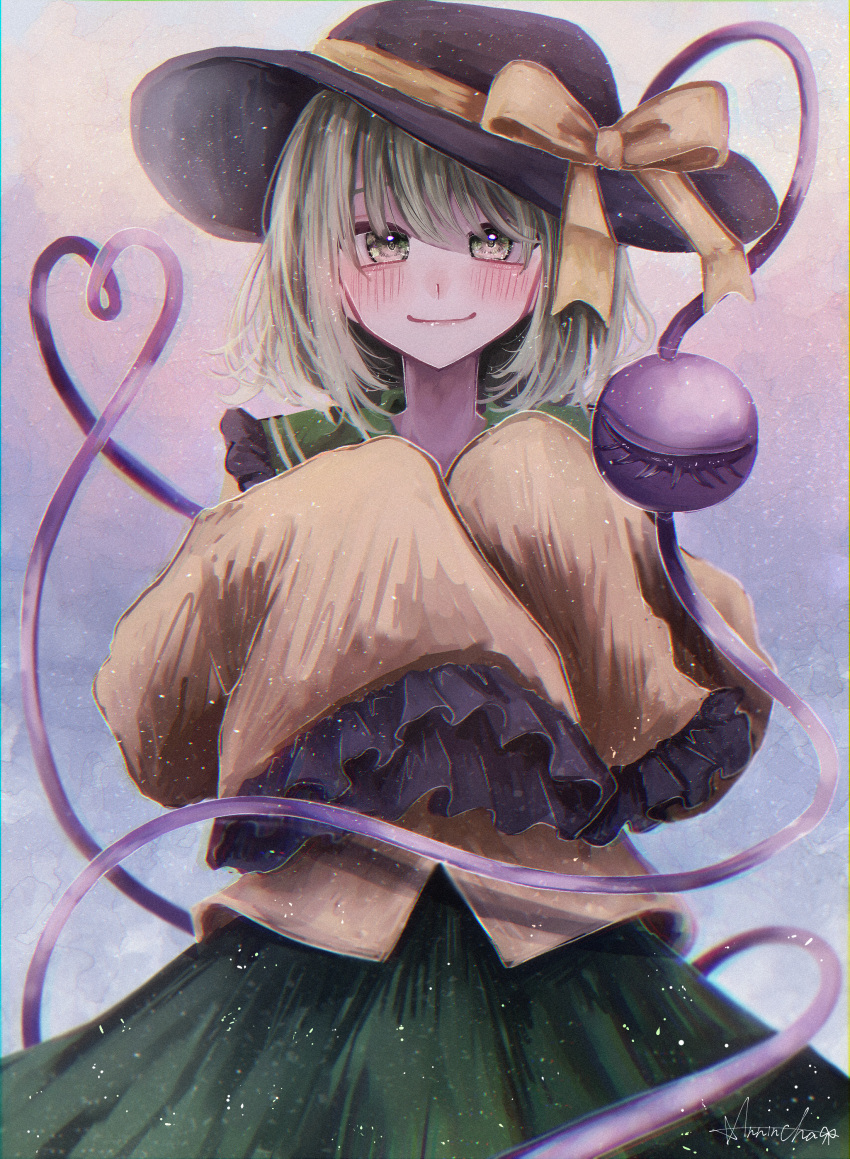 1girl absurdres annin_cha black_headwear blouse blush bow closed_mouth commentary cowboy_shot eyebrows_behind_hair frilled_shirt_collar frilled_sleeves frills green_eyes green_hair green_skirt hands_up hat hat_bow heart heart_of_string highres komeiji_koishi long_sleeves looking_at_viewer medium_hair shirt signature skirt sleeves_past_fingers sleeves_past_wrists smile third_eye touhou wide_sleeves yellow_bow yellow_shirt