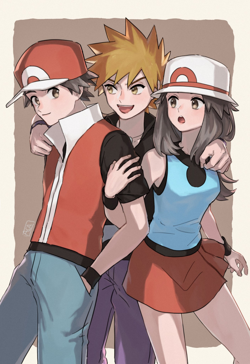 1girl 2boys bangs baseball_cap black_shirt black_wristband blue_oak blue_shirt border brown_background brown_eyes brown_hair bucket_hat closed_mouth grey_asa hair_flaps hat highres jacket jewelry leaf_(pokemon) long_hair multiple_boys necklace open_mouth pants pleated_skirt pokemon pokemon_(game) pokemon_frlg purple_pants red_(pokemon) red_headwear red_jacket red_skirt shirt short_hair skirt sleeveless sleeveless_jacket sleeveless_shirt smile spiky_hair symbol-only_commentary t-shirt tongue white_headwear wristband