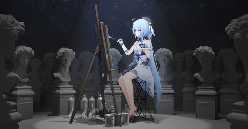 1girl absurdres bangs barefoot beret blue_hair braid chair closed_mouth dress full_body griseo hat highres holding holding_brush holding_palette honkai_(series) honkai_impact_3rd long_hair paint paint_can painting_(object) palette_(object) sitting sleeveless sleeveless_dress solo statue twin_braids white_dress wood_cube