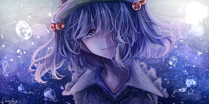 1girl annin_cha bangs blue_eyes blue_hair bubble collar commentary flat_cap frilled_collar frills green_headwear hair_bobbles hair_ornament hat head_tilt highres kawashiro_nitori looking_at_viewer one_eye_covered portrait signature smile solo touhou