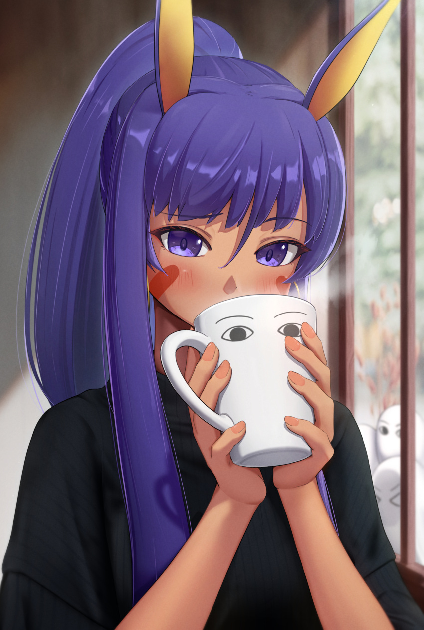1girl absurdres alternate_costume alternate_hairstyle animal_ears black_shirt blush commentary_request cup dark-skinned_female dark_skin drinking earrings eyebrows_visible_through_hair facial_mark fate/grand_order fate_(series) highres holding holding_cup hoop_earrings indoors jackal_ears jewelry long_hair looking_at_viewer medjed_(fate) mug nitocris_(fate) particle_sfs ponytail purple_hair shirt short_sleeves violet_eyes window