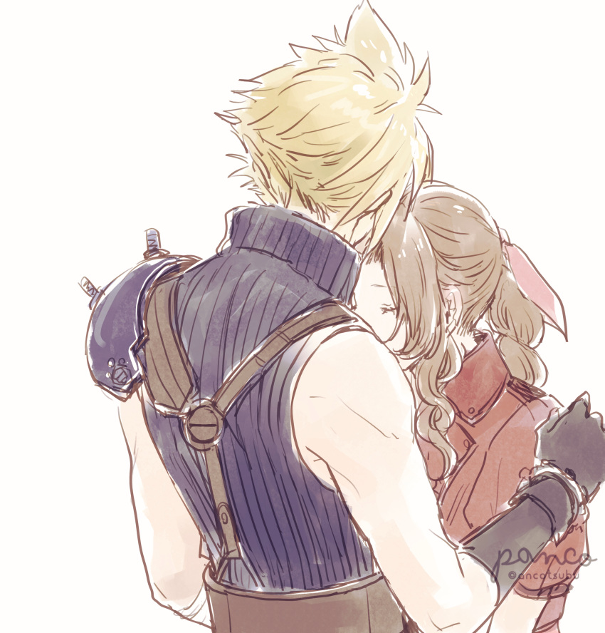 1boy 1girl absurdres aerith_gainsborough ancotsubu armor bangs bare_shoulders belt blonde_hair blue_skirt braid braided_ponytail brown_hair closed_eyes cloud_strife final_fantasy final_fantasy_vii final_fantasy_vii_remake gloves hair_ribbon highres hug jacket parted_bangs red_jacket ribbon short_sleeves shoulder_armor sidelocks skirt sleeveless sleeveless_turtleneck spiky_hair suspenders turtleneck upper_body wavy_hair white_background