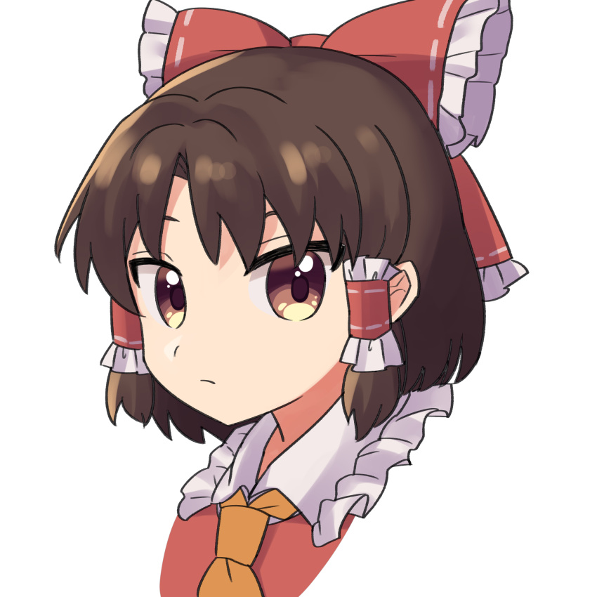 1girl :/ ascot bangs bow brown_eyes brown_hair closed_mouth collared_shirt commentary_request face frilled_bow frilled_shirt_collar frills hair_bow hair_tubes hakurei_reimu highres min1223 red_bow red_shirt shirt short_hair sidelocks simple_background solo touhou white_background yellow_ascot