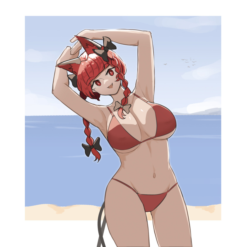 1girl animal_ears armpits arms_up beach bikini black_bow bow braid breasts cat_ears cat_tail day extra_ears hair_bow highres kaenbyou_rin large_breasts long_hair mata_(matasoup) multiple_tails navel nekomata ocean outdoors red_bikini red_eyes redhead smile solo swimsuit tail thick_thighs thighs touhou twin_braids wide_hips