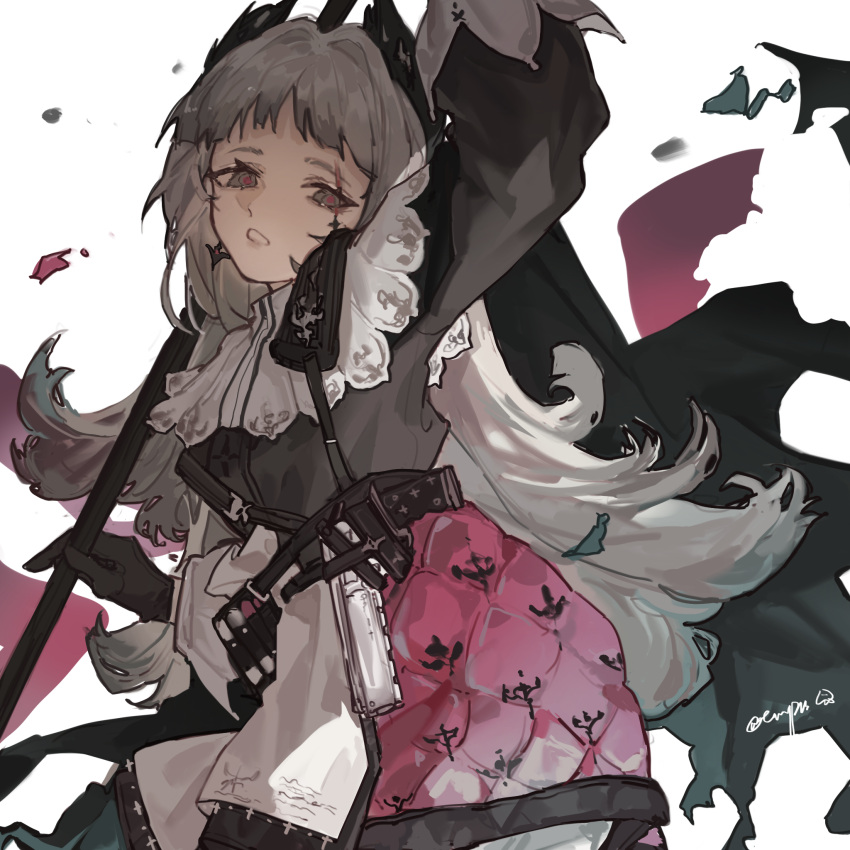 1girl arknights arm_up bangs belt black_cape black_gloves black_jacket cape cowboy_shot gloves grey_eyes grey_hair gun head_wings highres holding irene_(arknights) jacket layered_skirt long_hair long_sleeves looking_at_viewer parted_lips puffy_long_sleeves puffy_sleeves purple_skirt signature simple_background skirt solo torn_cape torn_clothes very_long_hair weapon white_background white_skirt yipingtaopuzi