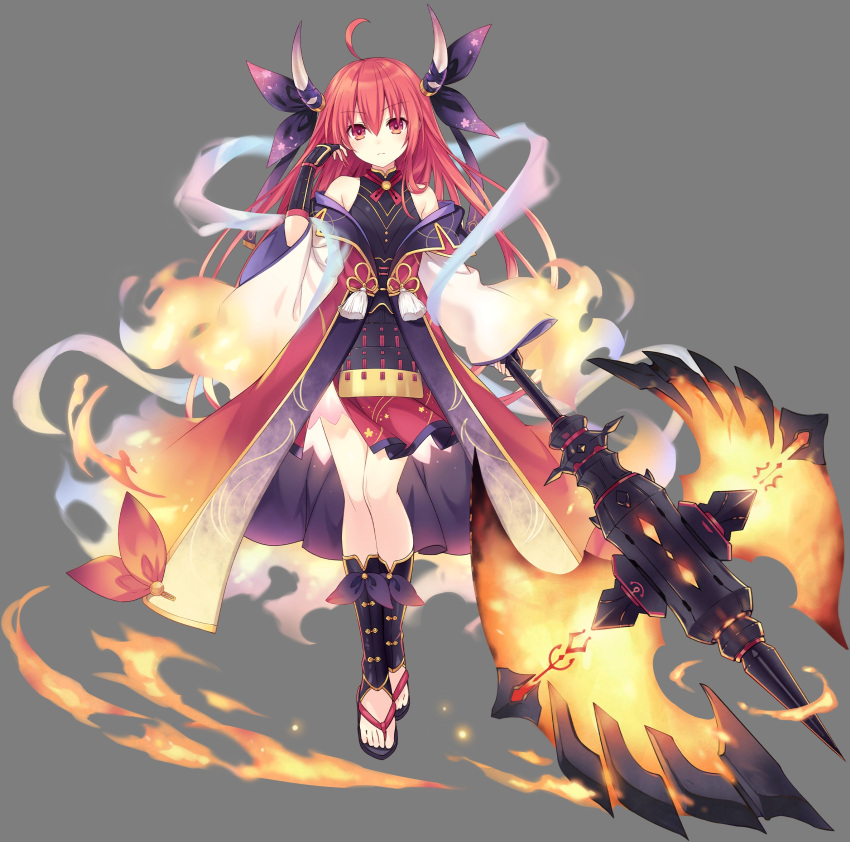 absurdres ahoge axe boots bow breasts date_a_live eyebrows_visible_through_hair fantasia_re:build fire full_body hair_between_eyes hair_ornament highres horns itsuka_kotori japanese_clothes long_hair non-web_source red_eyes redhead small_breasts toeless_footwear tsunako very_long_hair weapon