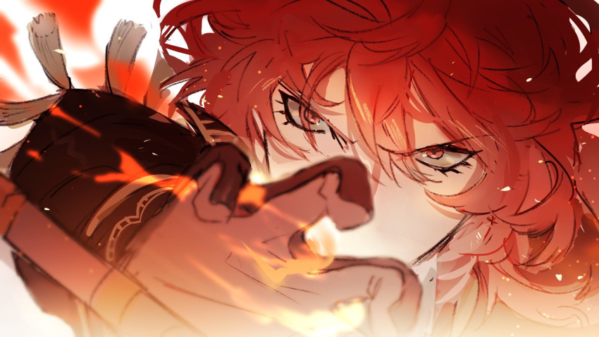 1boy angry black_gloves brown_gloves diluc_(genshin_impact) eyebrows_visible_through_hair eyelashes eyes_visible_through_hair face fire flame genshin_impact gloves hair_between_eyes highres male_focus mikuroron multicolored_clothes multicolored_gloves red_eyes redhead solo tassel two-tone_gloves upper_body