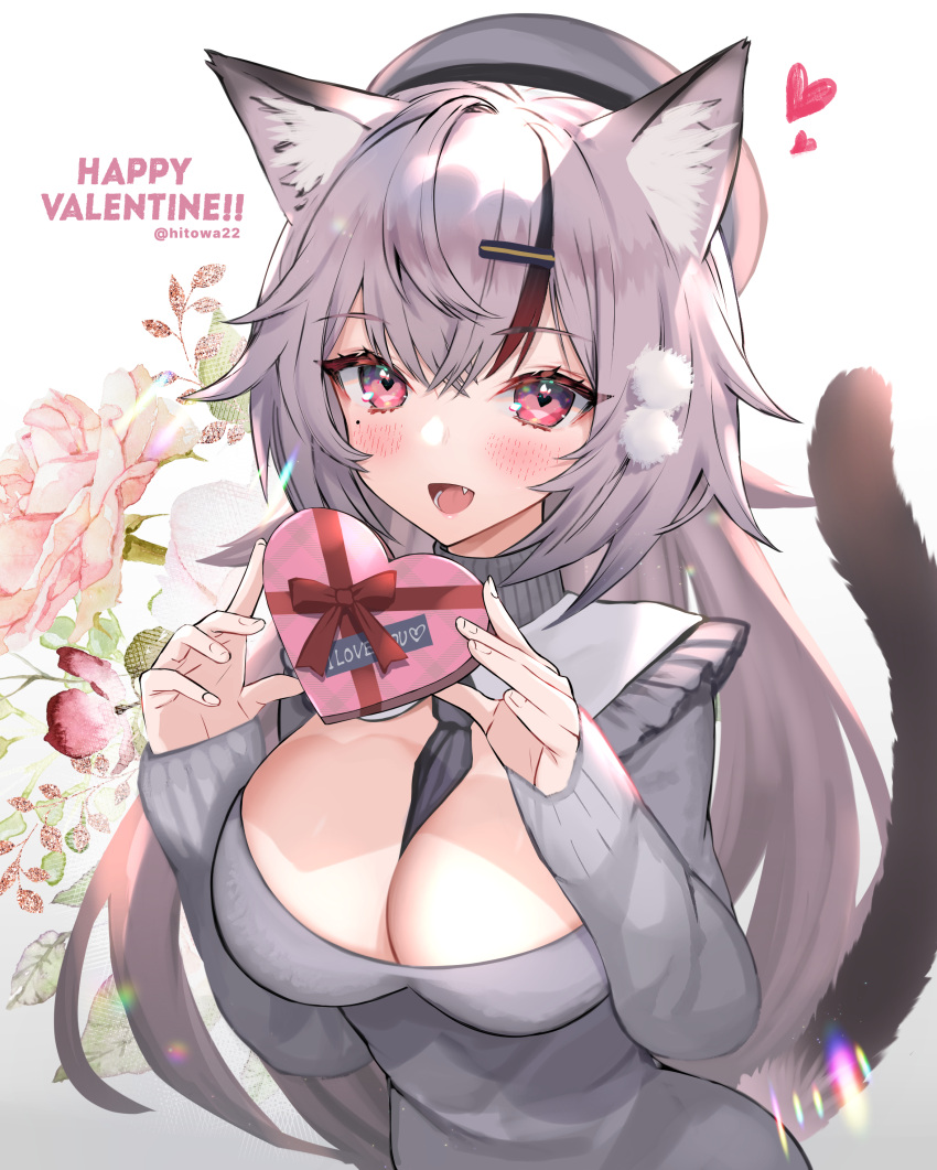 1girl :d absurdres animal_ear_fluff animal_ears artist_name bangs between_breasts black_necktie blush box breasts cat_ears cat_girl cat_tail commentary_request dress english_text eyebrows_visible_through_hair fang flower geart gift grey_dress grey_hair grey_headwear happy_valentine heart heart-shaped_box heart-shaped_pupils highres hitowa holding holding_gift long_sleeves looking_at_viewer multicolored_hair necktie necktie_between_breasts open_mouth original pink_flower pink_rose red_ribbon redhead ribbon rose simple_background sleeves_past_wrists smile solo streaked_hair symbol-shaped_pupils tail twitter_username two-tone_hair upper_body violet_eyes white_background