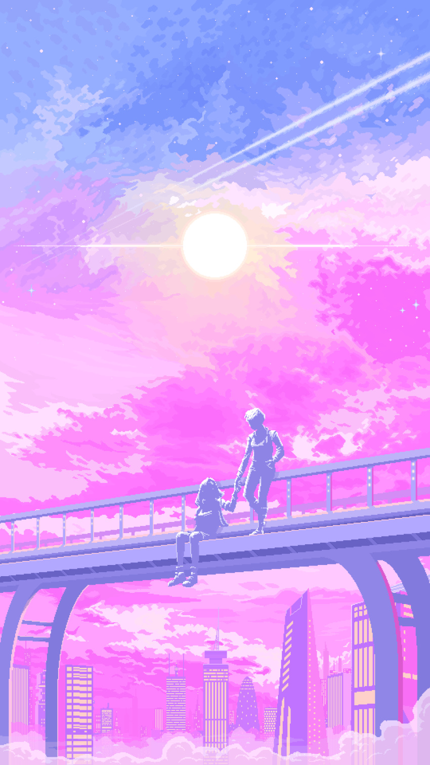 2others against_railing ambiguous_gender animated animated_gif bad_link bridge building cityscape clouds contrail day facing_another foot_dangle genuinehuman hand_on_hip highres holding_hands jacket long_hair multiple_others original outdoors pink_sky pink_theme pixel_art railing short_hair sitting sky skyscraper standing star_(sky) starry_sky sun third-party_source wind