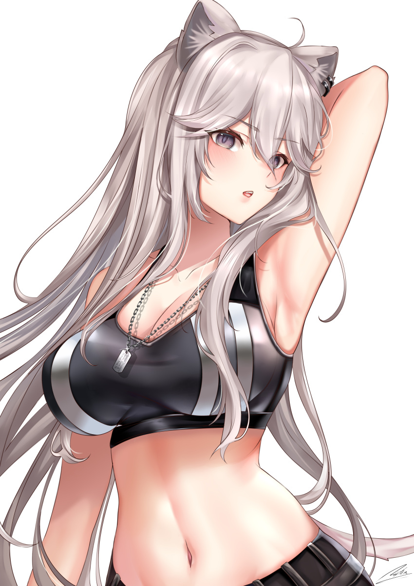 1girl absurdres ahoge animal_ears arm_behind_head arm_up armpits bangs breasts dog_tags eyebrows_visible_through_hair grey_eyes grey_hair hair_between_eyes highres hololive large_breasts lion_ears long_hair midriff navel nyctea_snow official_alternate_costume open_mouth shishiro_botan signature sports_bra upper_body virtual_youtuber white_background