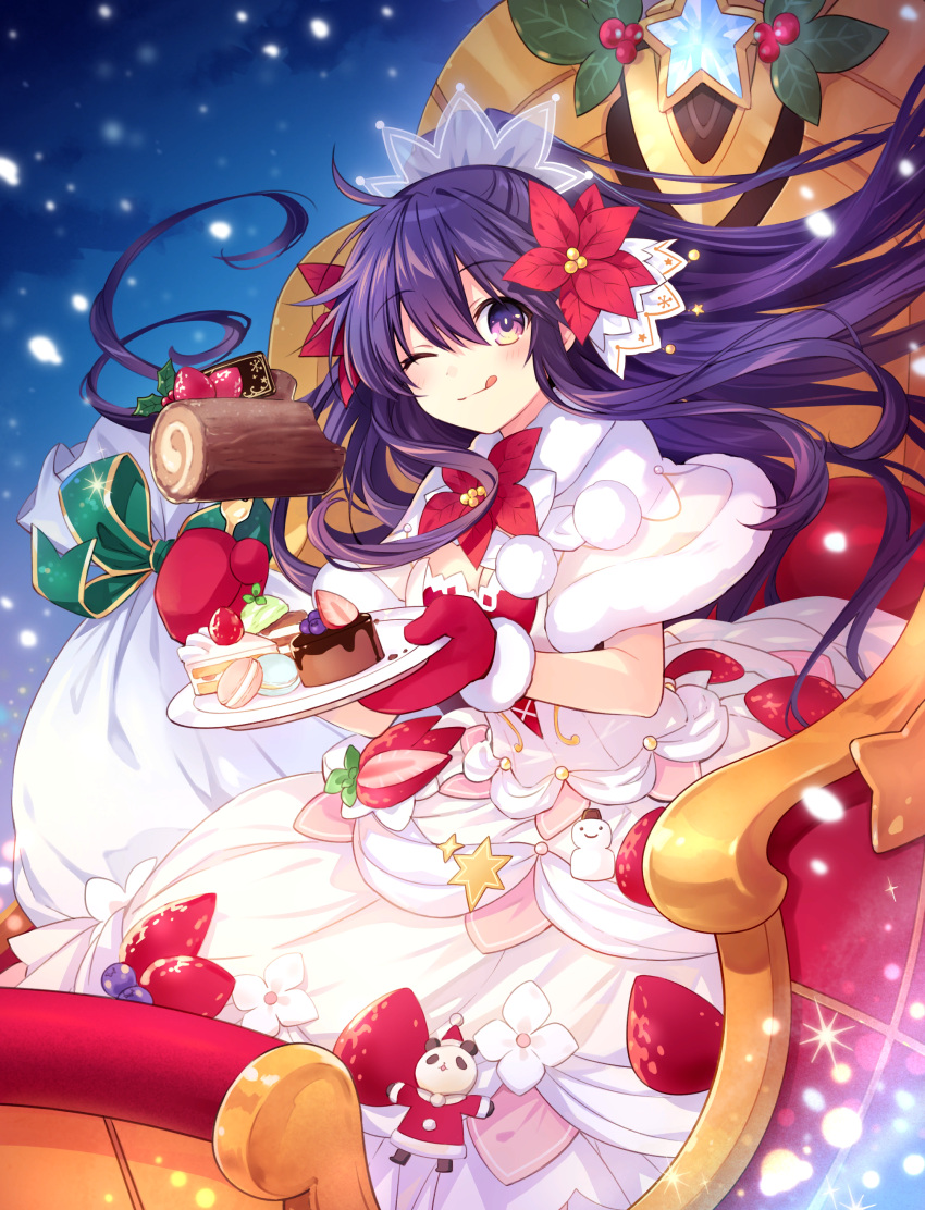 absurdres bag breasts cake date_a_live dress eating fantasia_re:build food food-themed_clothes frilled_dress frills fruit gloves hair_ornament highres long_hair macaron medium_breasts mittens non-web_source official_art ponytail purple_hair sleigh strawberry tsunako very_long_hair violet_eyes yatogami_tooka