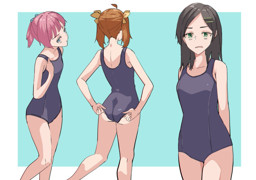 adjusting_clothes adjusting_swimsuit ahoge ass black_hair blue_eyes breasts brown_hair cowboy_shot from_behind green_eyes grey_swimsuit hair_ornament hairclip itou_ebiko kagerou_(kancolle) kantai_collection kuroshio_(kancolle) long_hair new_school_swimsuit pink_hair ponytail ribbon school_swimsuit shiranui_(kancolle) short_hair small_breasts standing swimsuit twintails yellow_ribbon
