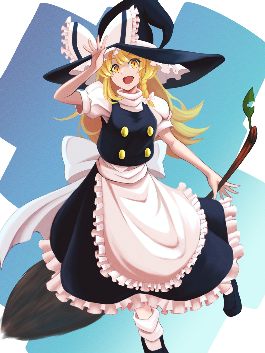 1girl absurdres apron black_dress black_footwear blonde_hair blue_bow bow braid broom buttons dress equality_taira frilled_dress frills hair_bow hat hat_bow highres kirisame_marisa long_hair puffy_sleeves shoes short_sleeves side_braid single_braid smile socks solo touhou waist_apron white_bow white_legwear witch_hat yellow_eyes
