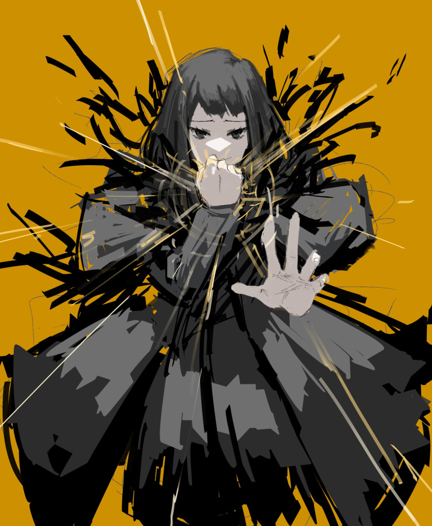 1girl aiming aiming_at_viewer black_cape black_capelet black_dress cape capelet clenched_hand closed_mouth dress highres library_of_ruina long_sleeves maxwell_yaochu project_moon simple_background sketch smile solo yellow_background zena_(project_moon)
