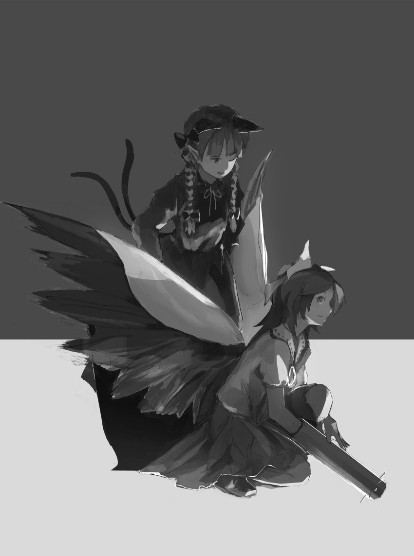 2girls ;d absurdres animal_ears arm_cannon bangs bird_wings bow braid cape cat_ears cat_tail closed_mouth collared_shirt commentary dress extra_ears feathered_wings greyscale hair_bow highres kaenbyou_rin kneeling long_hair long_sleeves looking_at_another looking_down looking_up monochrome multiple_girls multiple_tails neck_ribbon one_eye_closed open_mouth parted_bangs pointy_ears puffy_short_sleeves puffy_sleeves reiuji_utsuho ribbon saltlaver shirt short_sleeves skirt smile tail third_eye touhou twin_braids two_tails weapon wings
